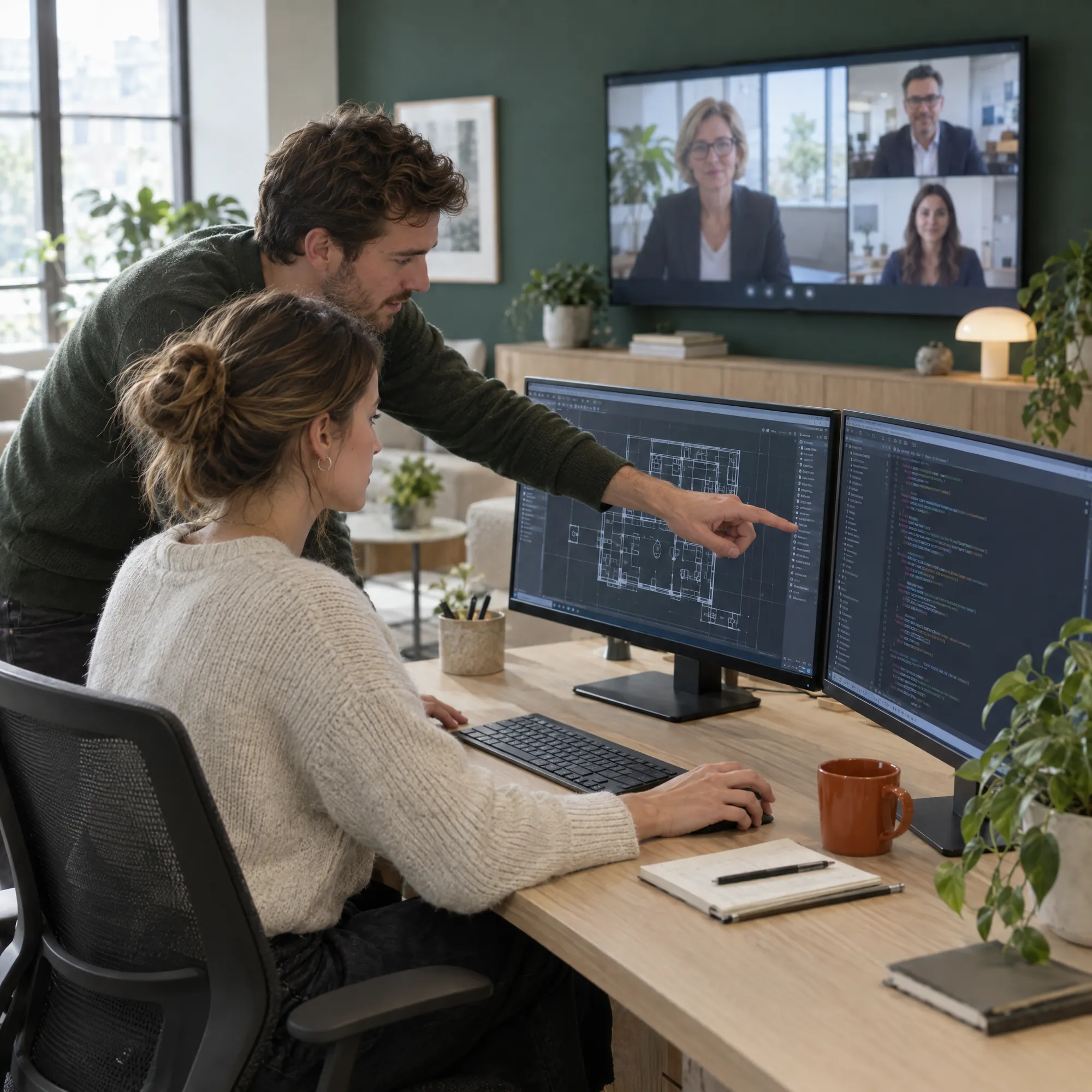 Ein Nearshoring-Team arbeitet an Plänen und Code, im Hintergrund läuft ein Videocall mit dem Kunden.
