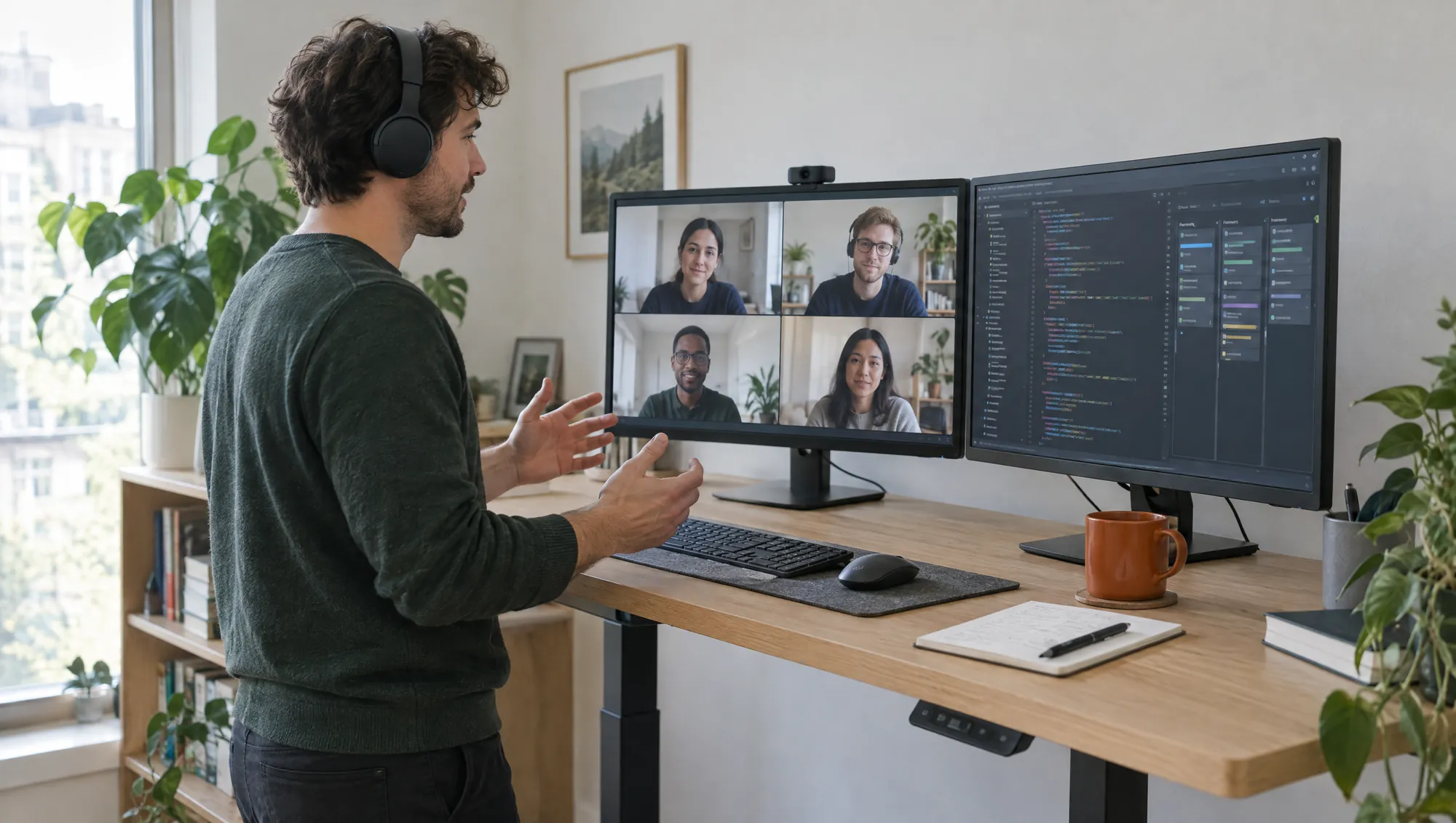 Ein Entwickler bespricht Code in einem Videocall mit seinem Team.