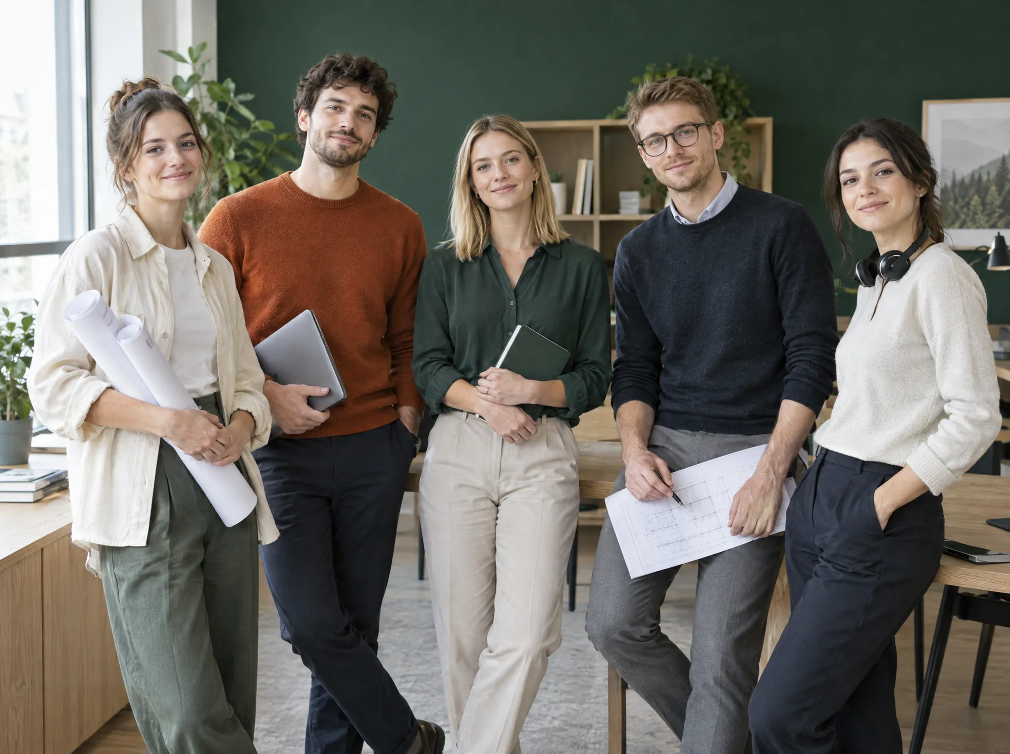 Fünf Fachkräfte aus verschiedenen Bereichen stehen gemeinsam in einem hellen Büro.