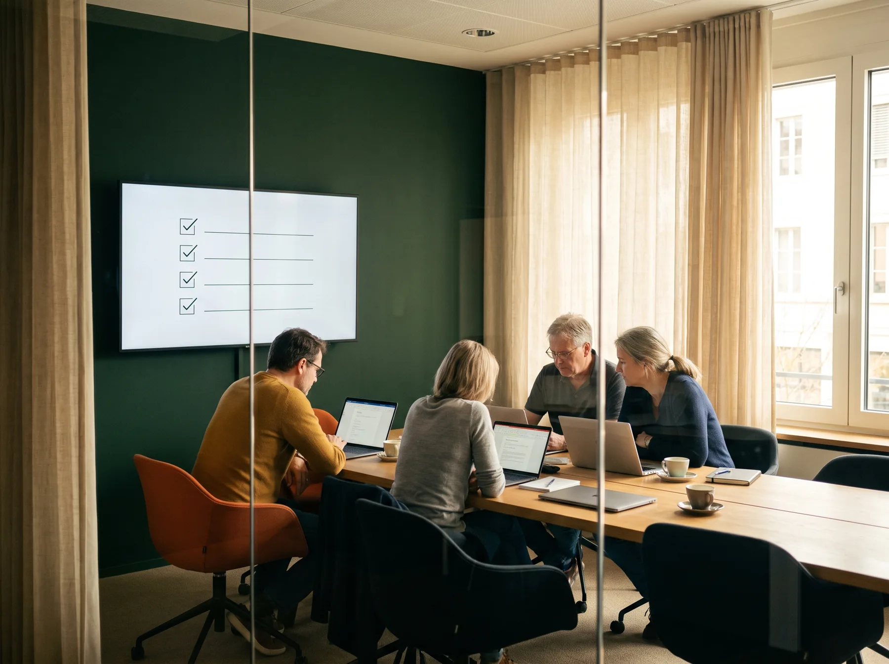 Motif 7 · Team meeting with checklist on screen